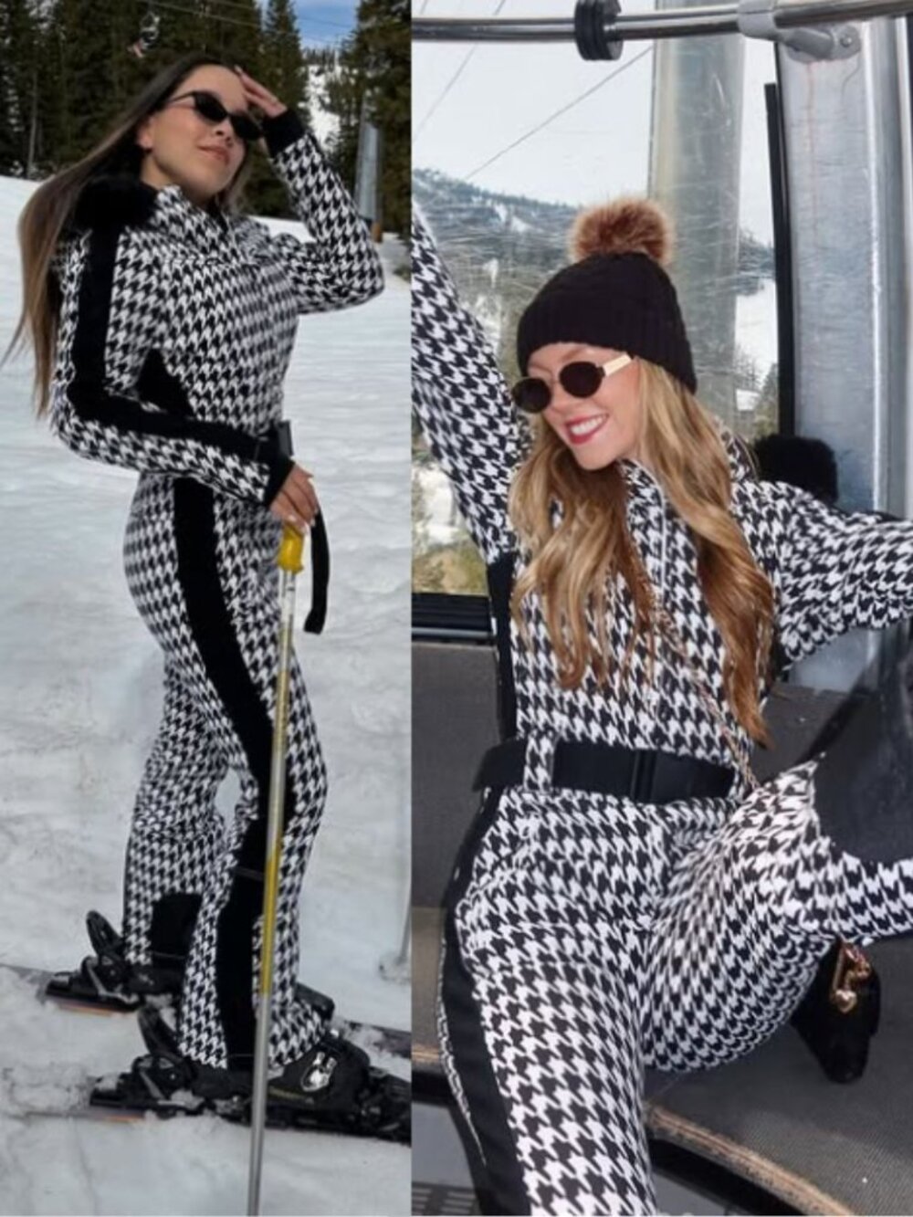 Gsou Snow Houndstooth Ski Suit Slim Fit Faux Fur Stretch One Piece NWT Size M